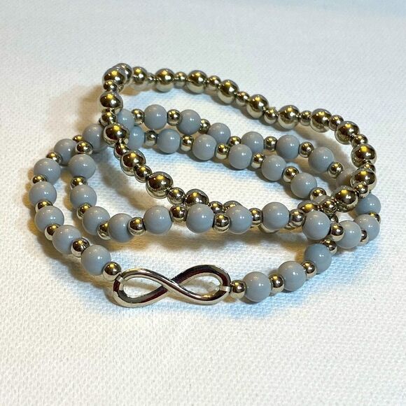 Infinity manifesting symbol three silver and gray plastic beaded set boho - Picture 1 of 5